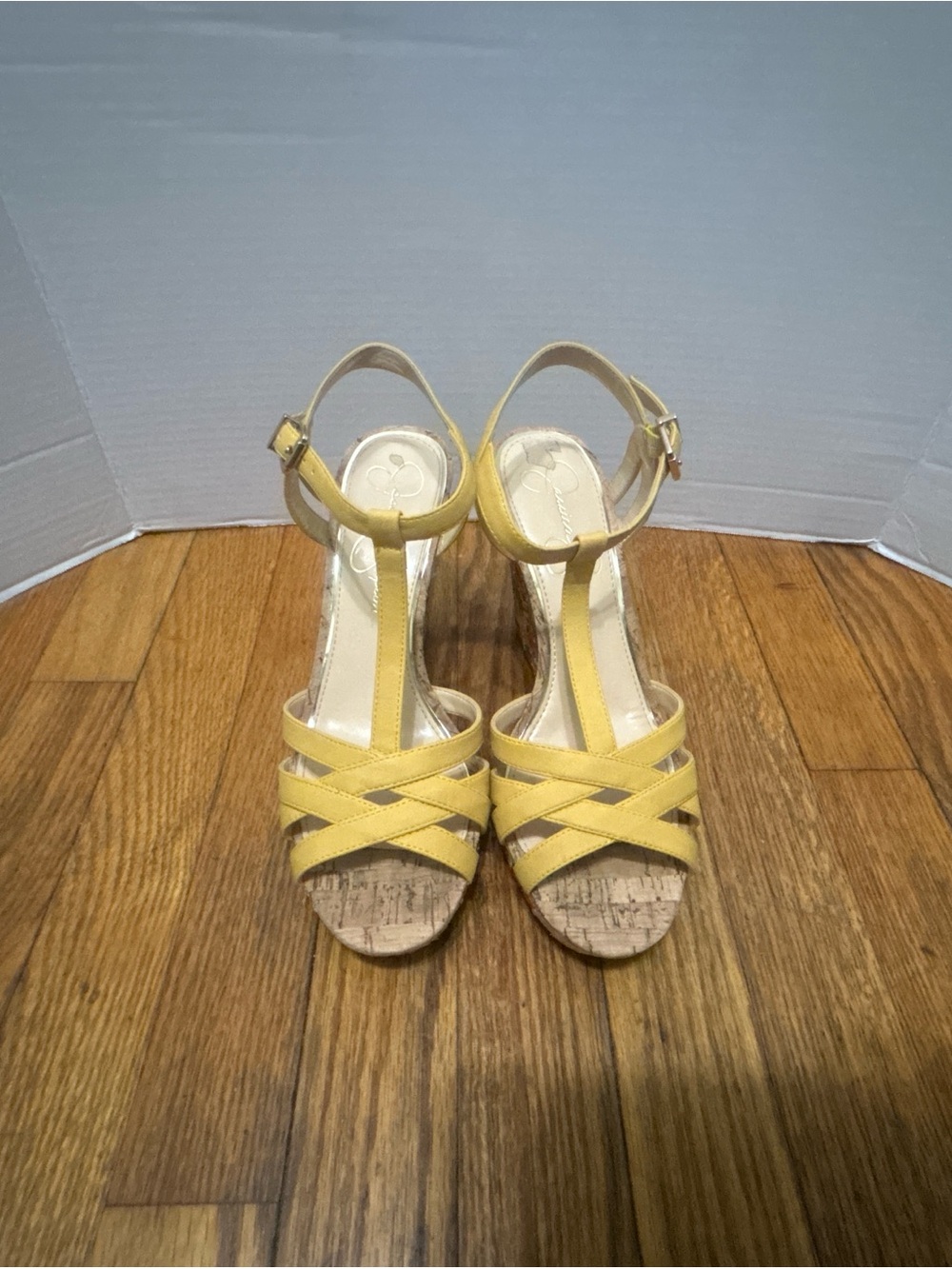 Jessica Simpson Yellow Crisscross T-Strap Cork Wedges